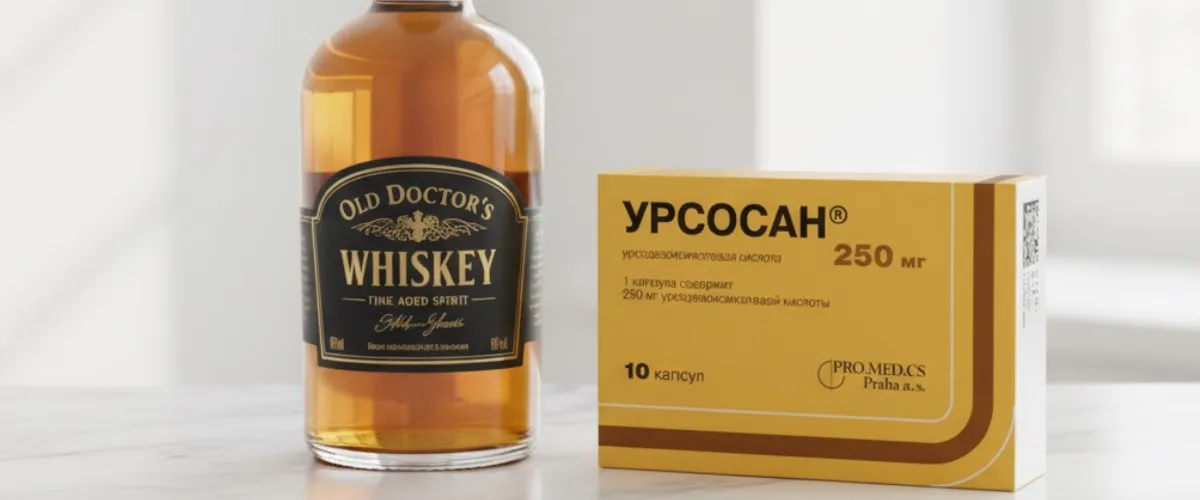 Бутылка виски и упаковка Урсосана